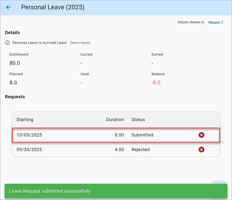 Screenshot of Leave Request with successful submitted message.