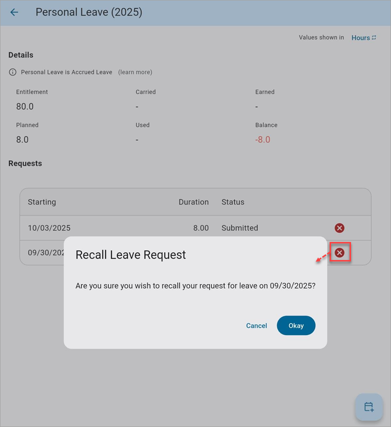 Screenshot of leave request with Recall Leave Request pop-up.