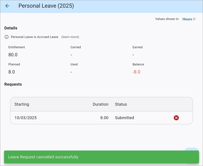 Screenshot of leave request with cancel message.