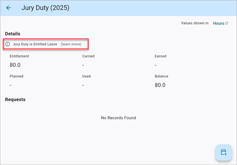 Screenshot of sample Leaves screen Jury Duty.