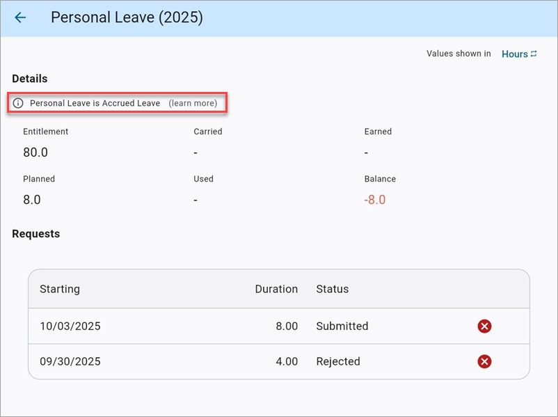 Screenshot of sample accrued leave.