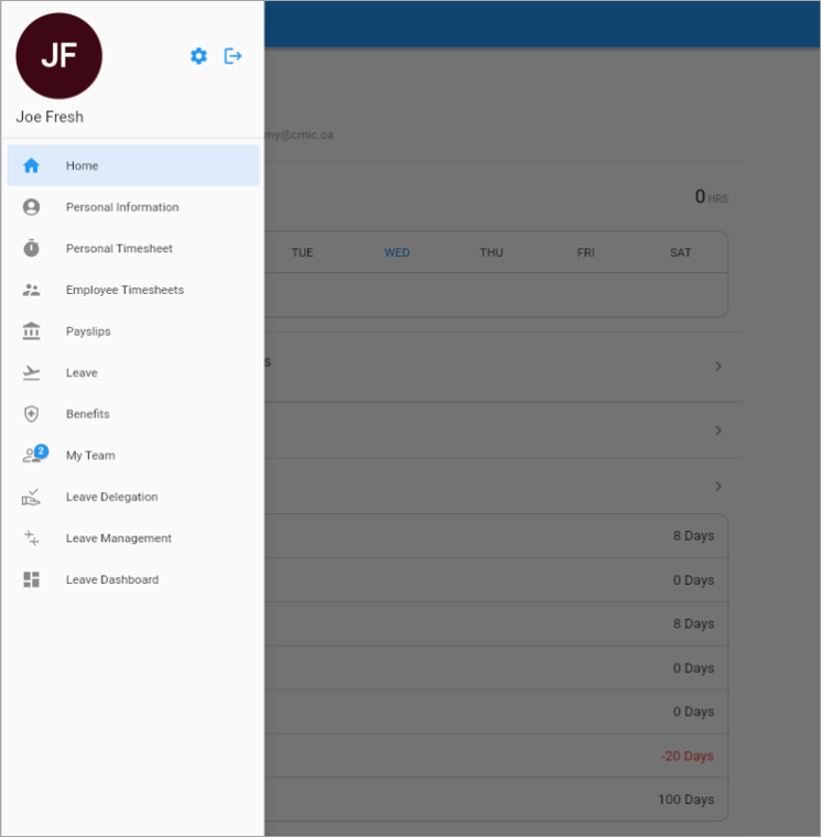 Screenshot of Construct ESS web deployment (desktop) version with Menu options enabled.