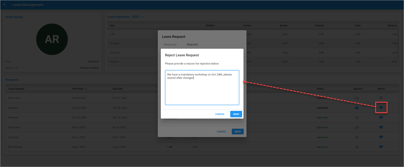 Screenshot of Reject Leave Request pop-up.