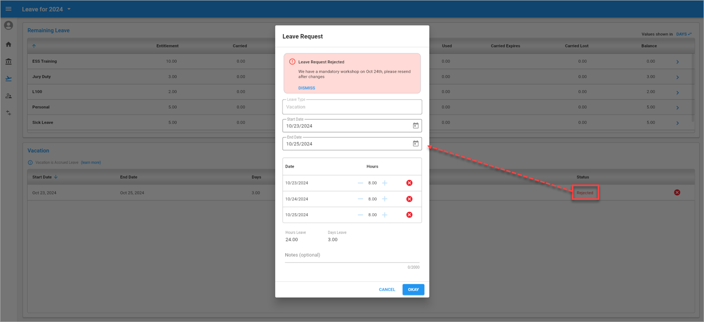 Screenshot of Leave Request pop-up on Leaves screen.