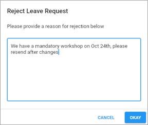 Screenshot of Reject Leave Request pop-up.