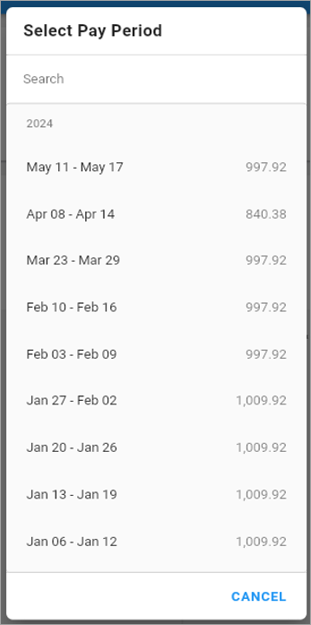 Screenshot of Select Pay Period pop-up