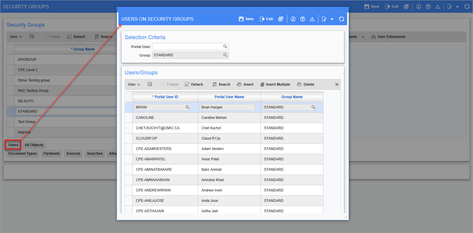 Screenshot of the Users on Security Groups pop-up window from the Security Groups screen
