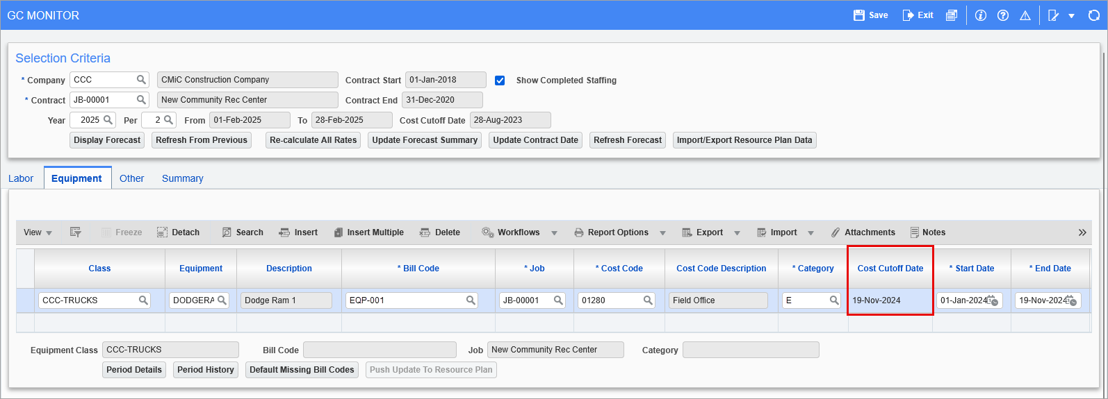 Screenshot of the Cost Cutoff Date field on the GC Monitor screen