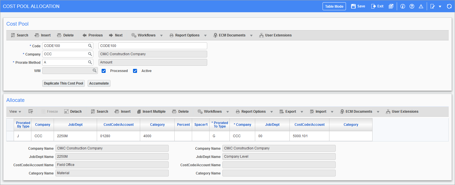 Example of the Cost Pool Allocation screen