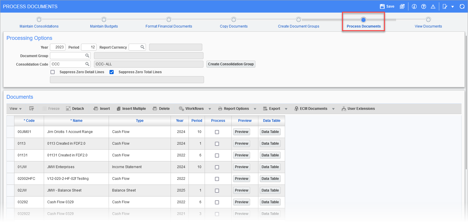 Sample of the Process Documents screen in FDF 2.0