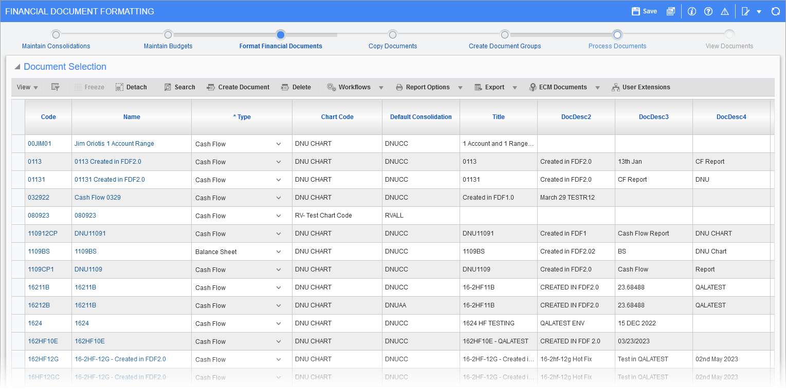 Sample of the Financial Document Formatter 2.0 screen