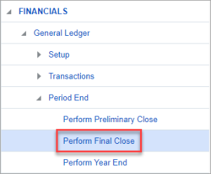 Screenshot of Treeview with Perform Final Close highlighted.