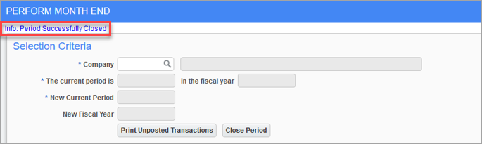 Screenshot of Perform Month End with update message highlighted.