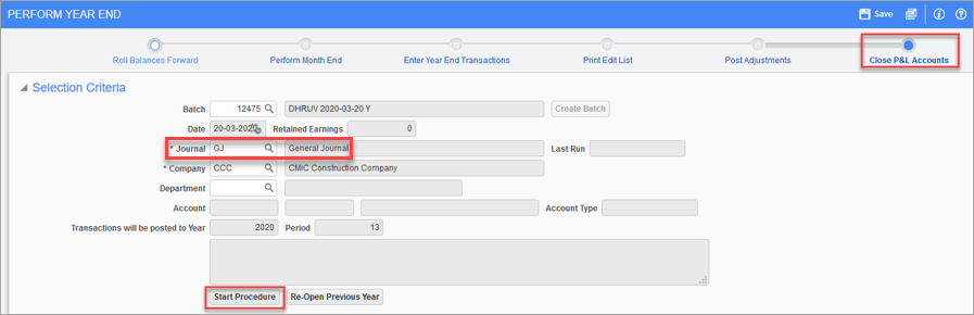 Screenshot of Perform Year End wit Journal field highlighted.