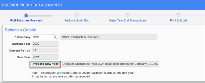 Screenshot of Prepare New Year Accounts.