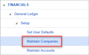 Screenshot of Treeview with Maintain Companies highlighted.