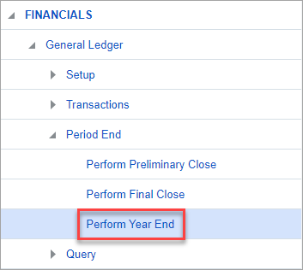 Screenshot of Treeview with Perform Year End highlighted.