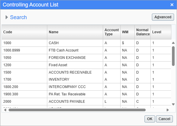 Screenshot of Controlling Account List pop-up.