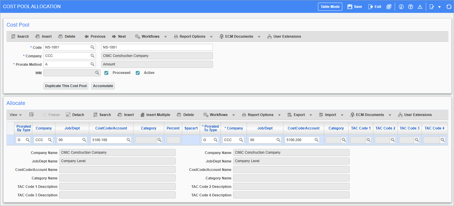 Screenshot of Cost Pool Allocation.