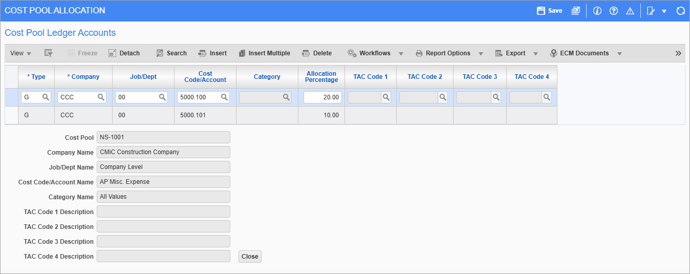 Screenshot of Cost Pool Ledger Accounts.