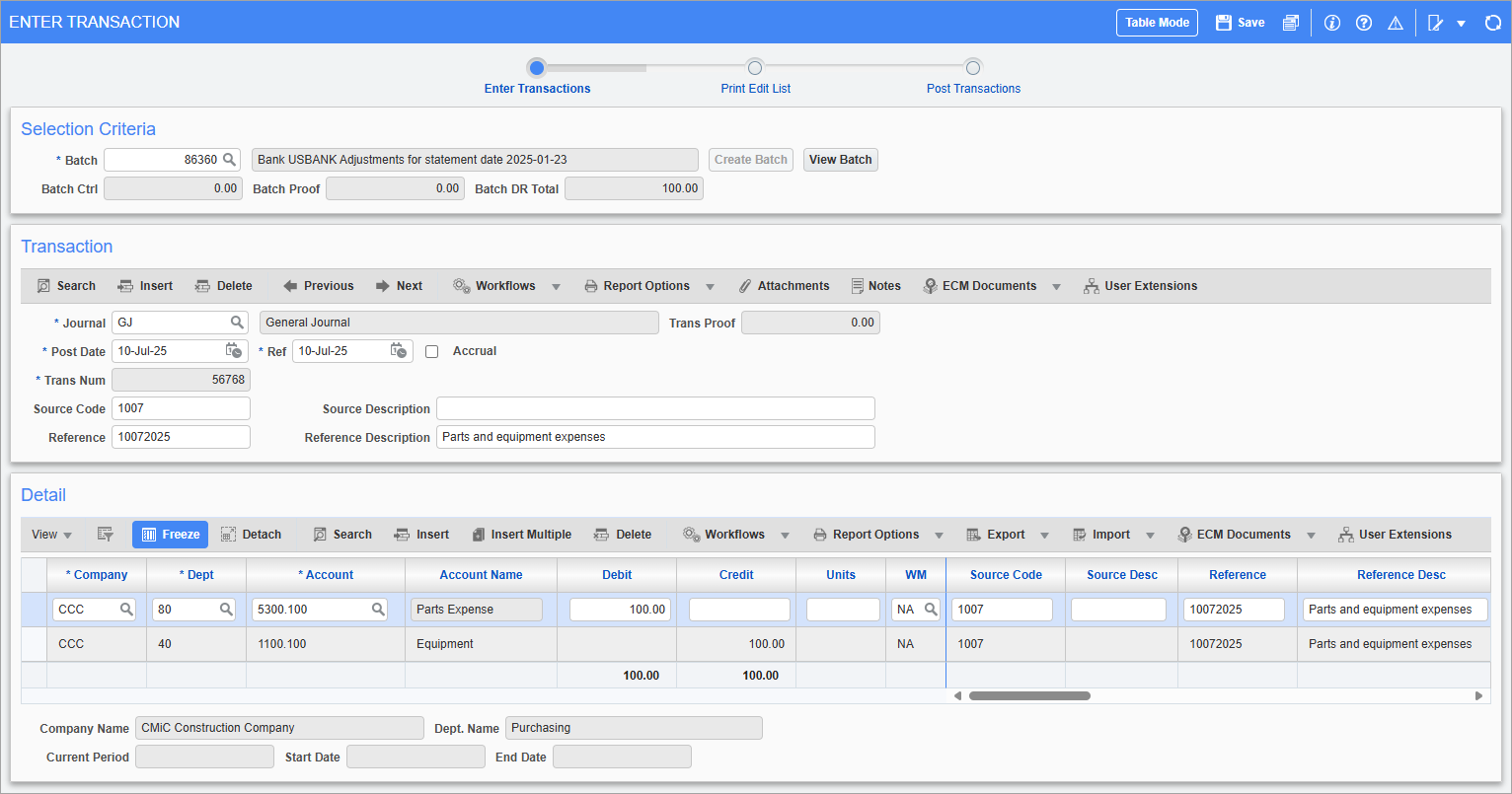 Screenshot of Enter Transactions.
