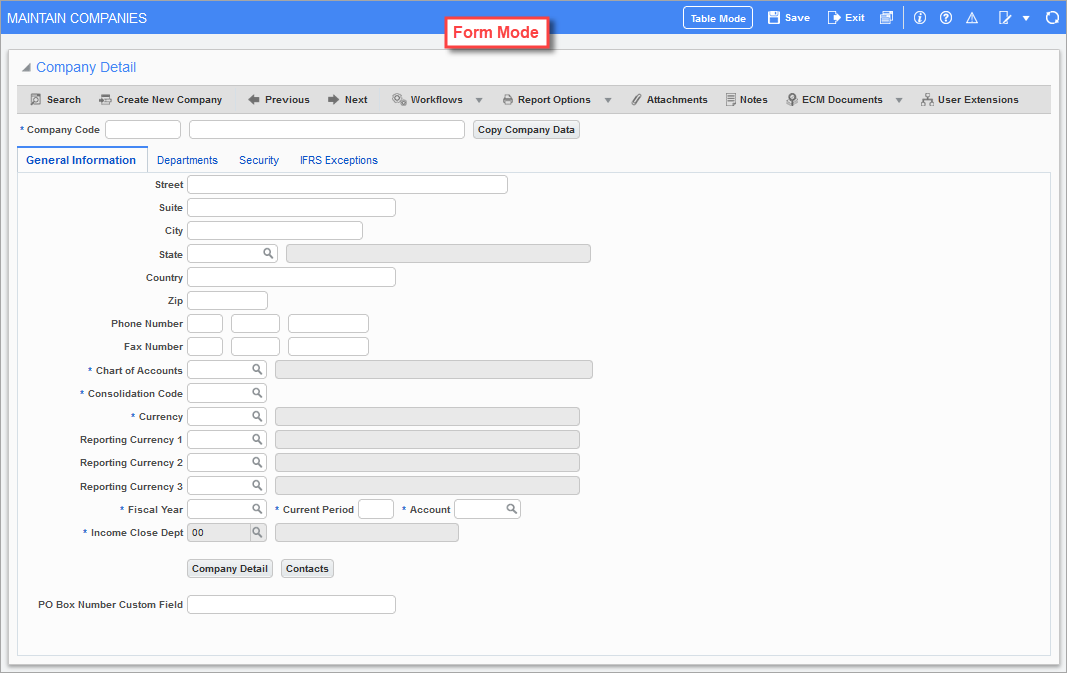 Maintain Companies - Form Mode