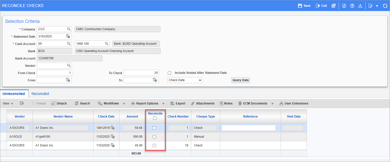 Screenshot of Reconcile Checks with 'Reconcile' boxes highlighted.