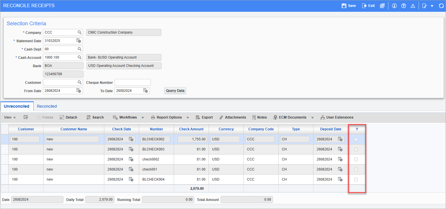 Screenshot of Reconcile Receipts with 'Y' boxes highlighted.