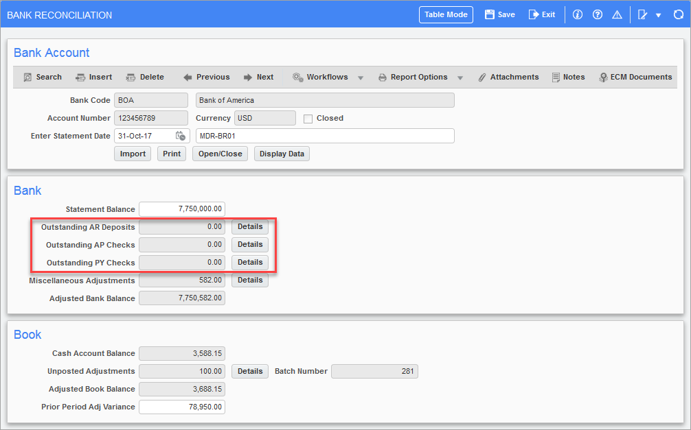 Screenshot of Bank Reconciliation.