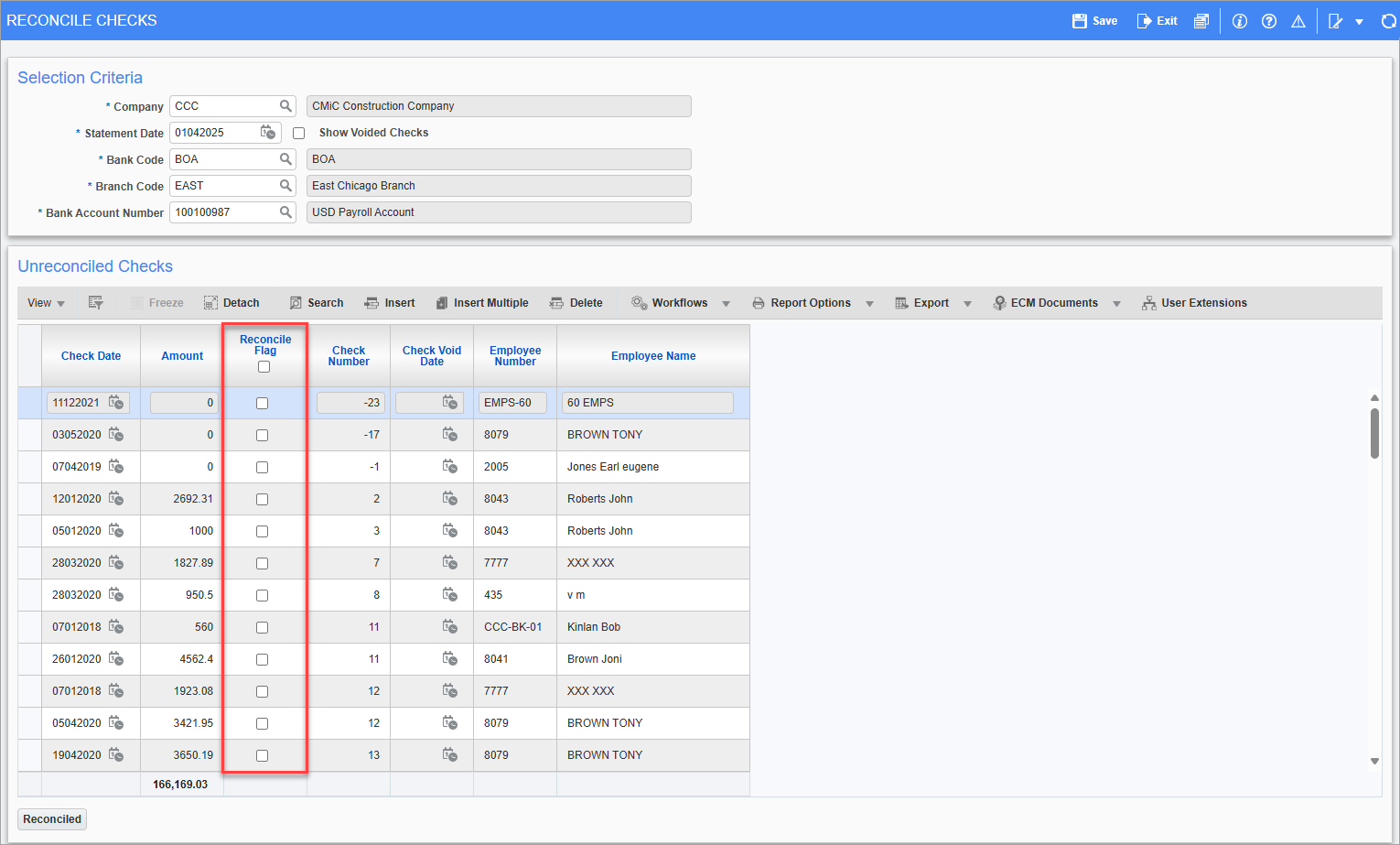 Screenshot of Reconcile Checks with 'Y' boxes highlighted.