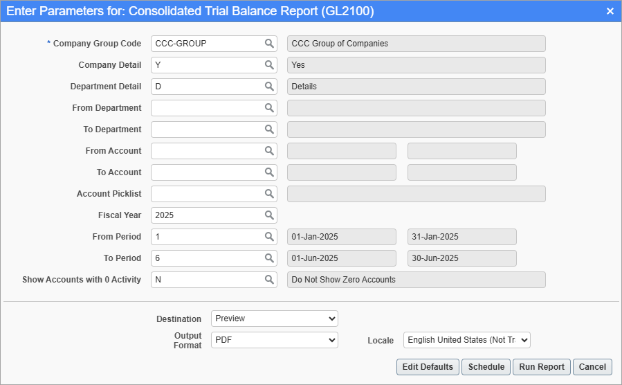 Screenshot of Consolidated Trial Balance Report parameter screen.