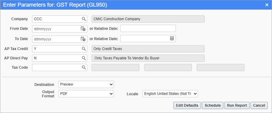 Screenshot of GST Report parameter screen.