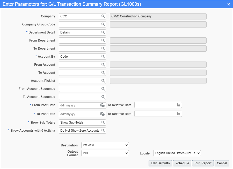 Screenshot of G/L Transaction Summary Report paramter screen.