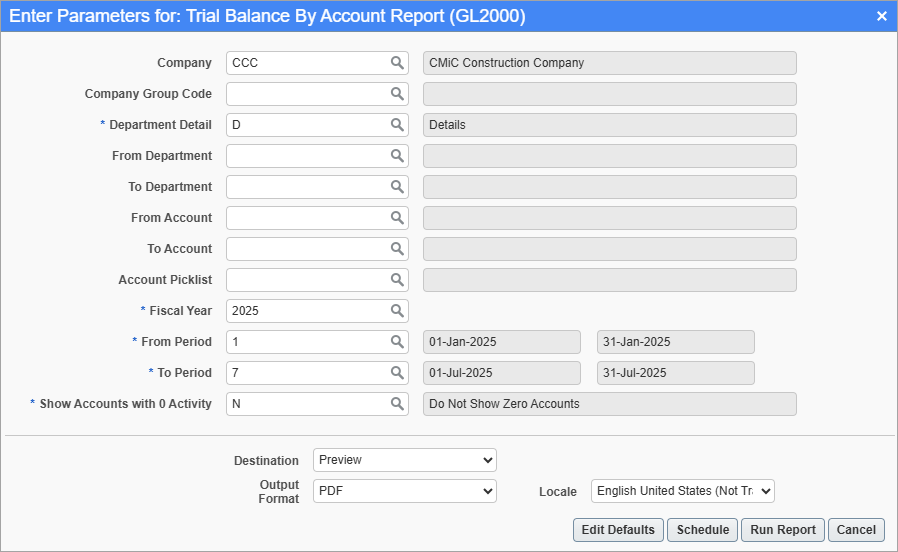 Screenshot of Trial Balance by Account parameter screen.