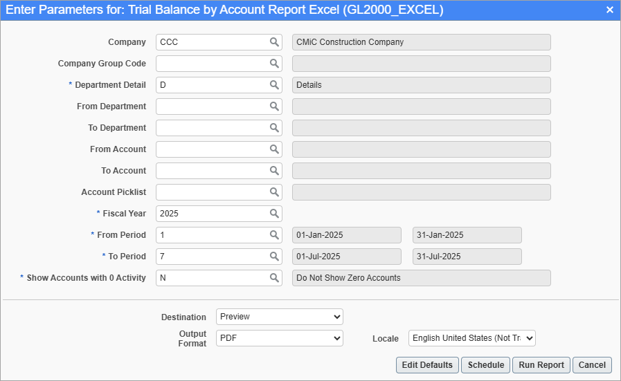 Screenshot of Trial Balance by Account Report (Excel) parameter screen.