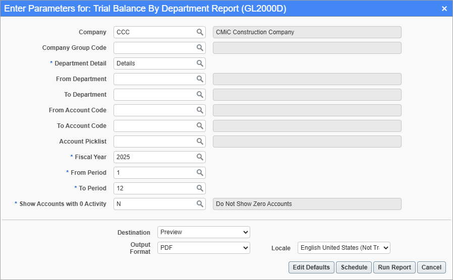 Screenshot of Trial Balance by Department parameter screen.