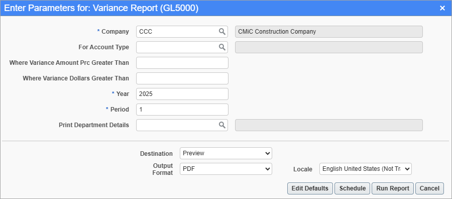 Screenshot of Variance Report parameter screen.