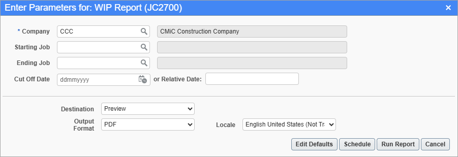 Screenshot of WIP Report parameter screen.