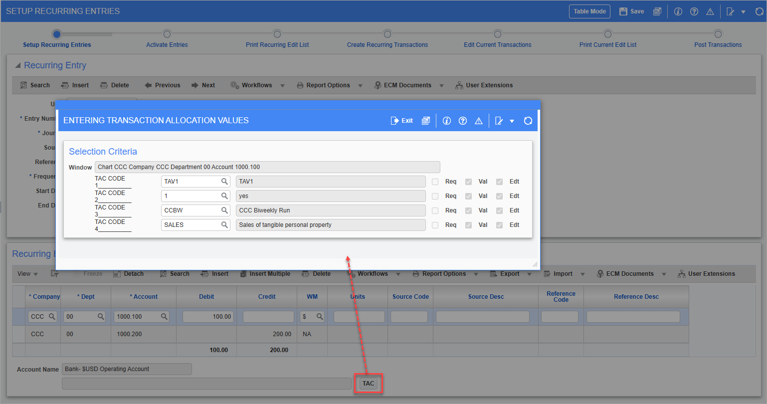 Screenshot of pop-up on Setup Recurring Entries.