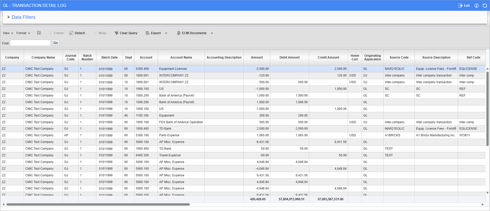 Screenshot of GL Transaction Detail Log.