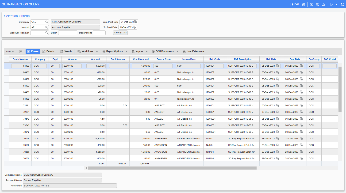 Screenshot of GL Transaction Query screen.