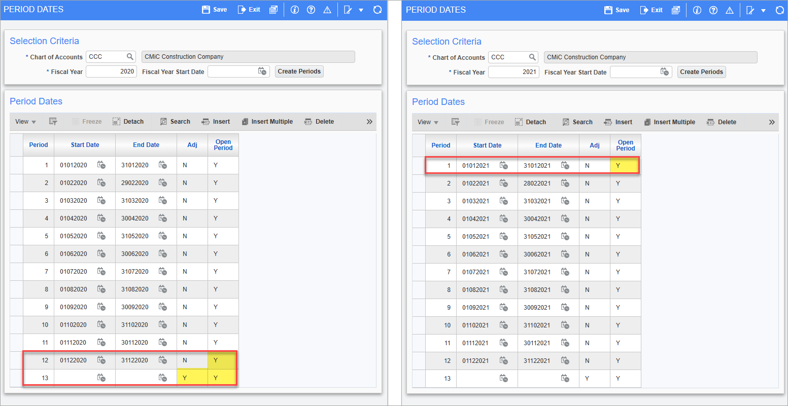 Screenshot of Period Dates for two fiscal years.