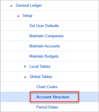 Screenshot of Treeview with Account Structure highlighted.
