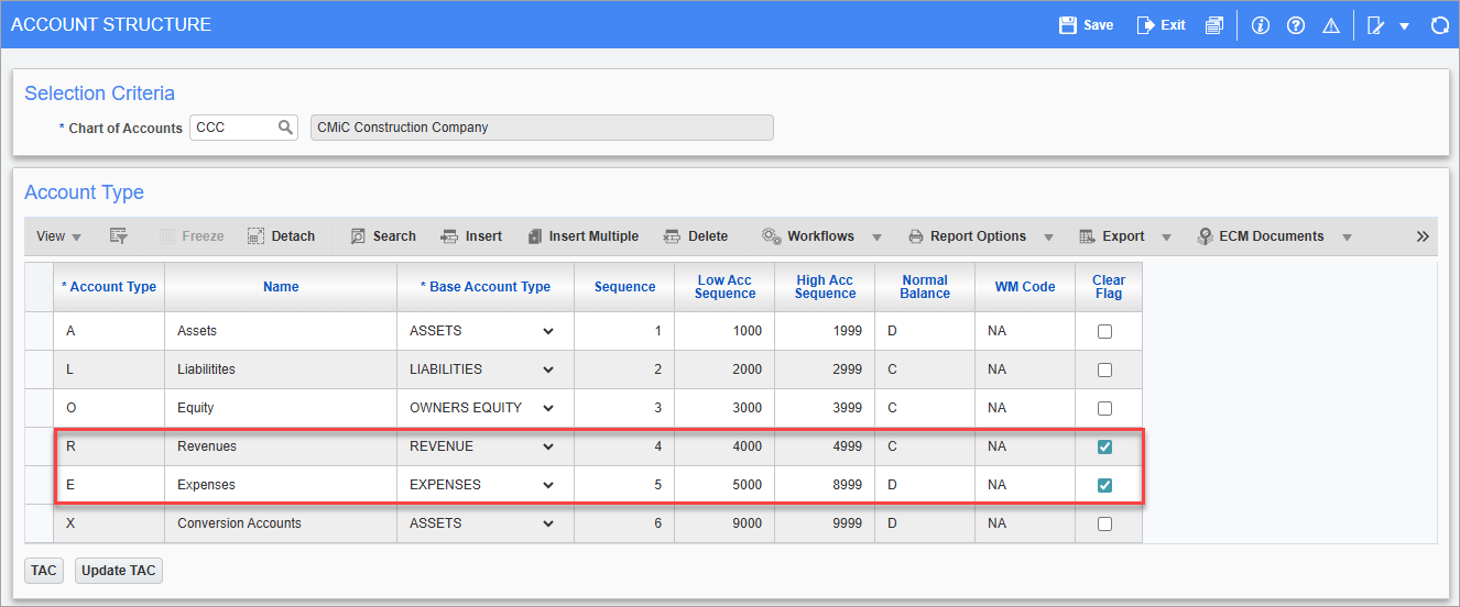 Screenshot of Account Structure with rows highlighted.