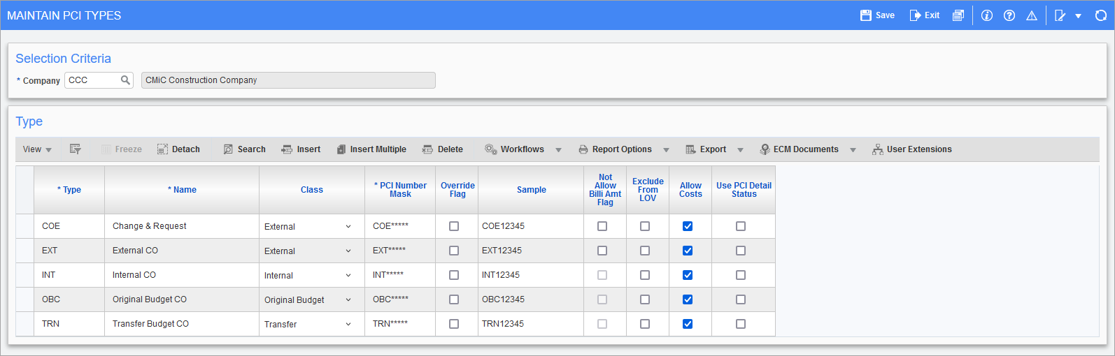 Sample of the Maintain PCI Types screen