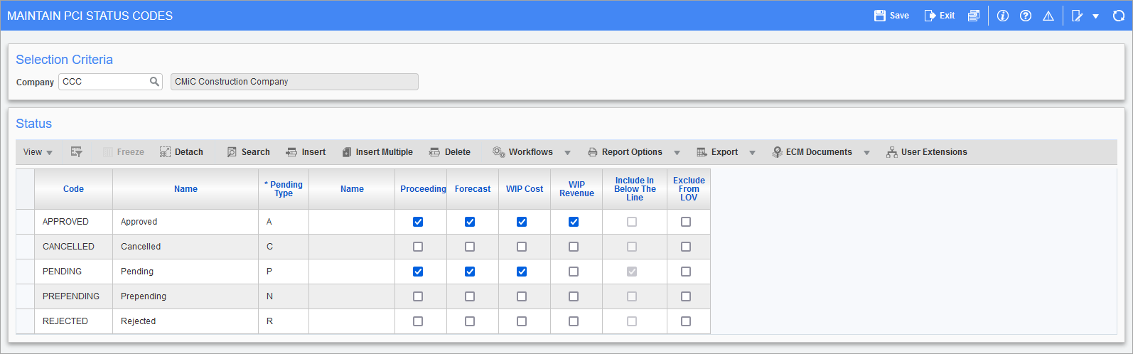 Sample of the Maintain PCI Status Codes screen