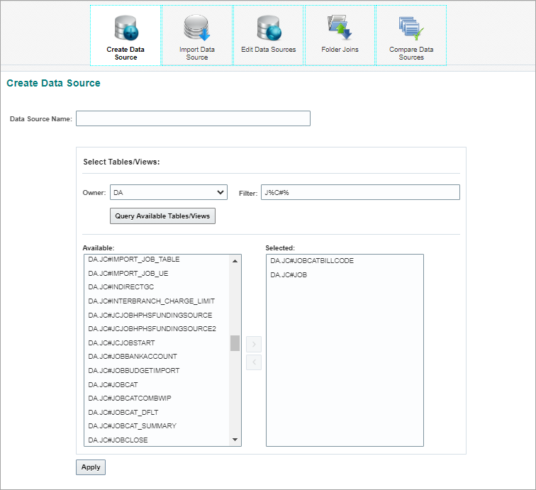 Screenshot of BI Catalog Builder's Create Data Source screen.