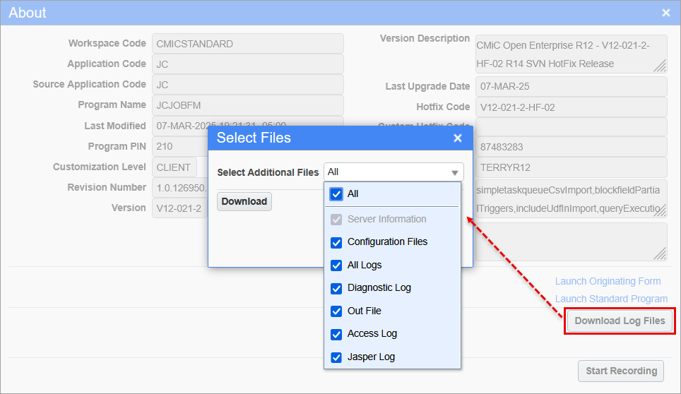 Sample of the Select Files pop-up window after clicking the [Download Log Files] button