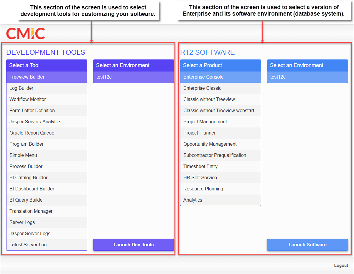 Screen allowing user to choose a version of Enterprise, and its software environment (database system).