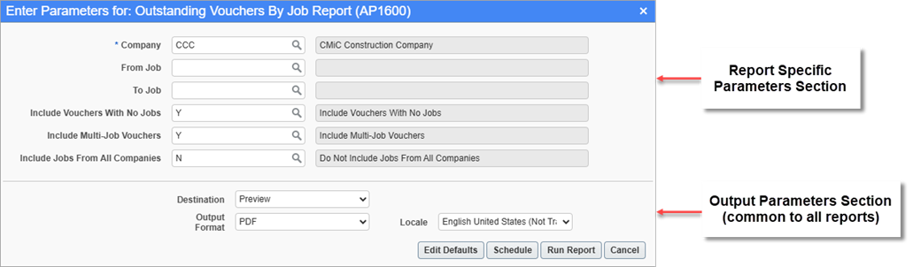 Example of Printing Options screen for parameter entry.